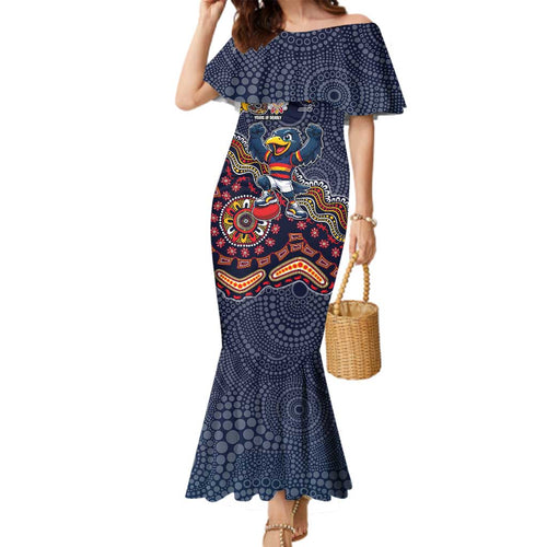 Personalized Adelaide Crows Mascot Family Matching Mermaid Dress and Hawaiian Shirt Aboriginal Dot Art Style Vibrant Indigenous Pattern Design