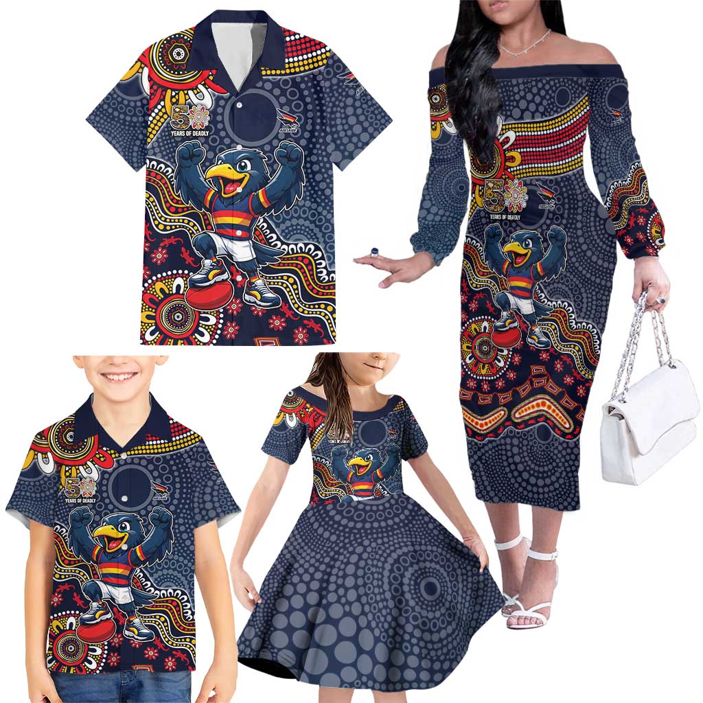 Personalized Adelaide Crows Mascot Family Matching Off The Shoulder Long Sleeve Dress and Hawaiian Shirt Aboriginal Dot Art Style Vibrant Indigenous Pattern Design