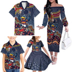 Personalized Adelaide Crows Mascot Family Matching Off The Shoulder Long Sleeve Dress and Hawaiian Shirt Aboriginal Dot Art Style Vibrant Indigenous Pattern Design
