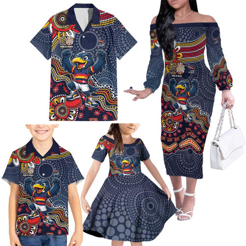Personalized Adelaide Crows Mascot Family Matching Off The Shoulder Long Sleeve Dress and Hawaiian Shirt Aboriginal Dot Art Style Vibrant Indigenous Pattern Design