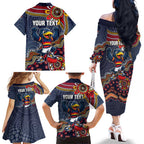 Personalized Adelaide Crows Mascot Family Matching Off The Shoulder Long Sleeve Dress and Hawaiian Shirt Aboriginal Dot Art Style Vibrant Indigenous Pattern Design