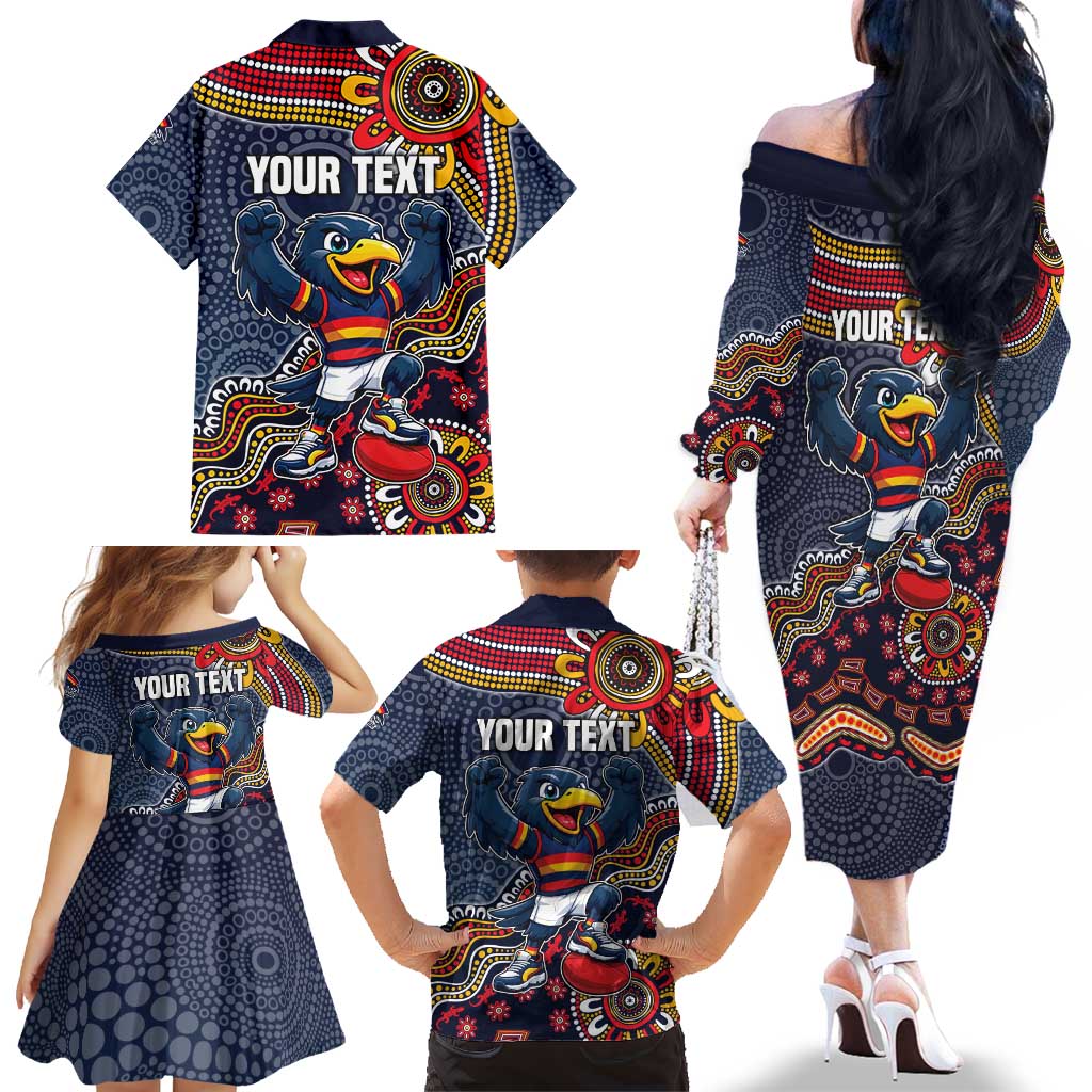 Personalized Adelaide Crows Mascot Family Matching Off The Shoulder Long Sleeve Dress and Hawaiian Shirt Aboriginal Dot Art Style Vibrant Indigenous Pattern Design