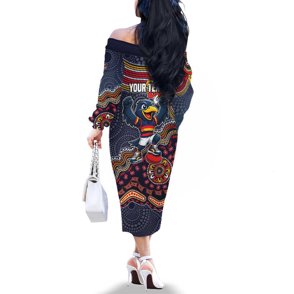 Personalized Adelaide Crows Mascot Family Matching Off The Shoulder Long Sleeve Dress and Hawaiian Shirt Aboriginal Dot Art Style Vibrant Indigenous Pattern Design