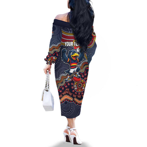 Personalized Adelaide Crows Mascot Family Matching Off The Shoulder Long Sleeve Dress and Hawaiian Shirt Aboriginal Dot Art Style Vibrant Indigenous Pattern Design