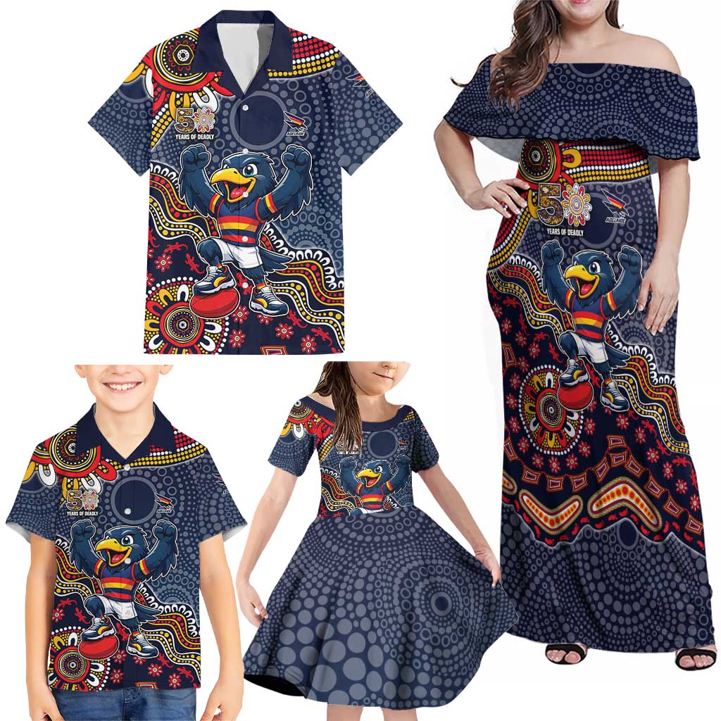 Personalized Adelaide Crows Mascot Family Matching Off Shoulder Maxi Dress and Hawaiian Shirt Aboriginal Dot Art Style Vibrant Indigenous Pattern Design