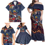 Personalized Adelaide Crows Mascot Family Matching Off Shoulder Maxi Dress and Hawaiian Shirt Aboriginal Dot Art Style Vibrant Indigenous Pattern Design