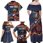 Personalized Adelaide Crows Mascot Family Matching Off Shoulder Maxi Dress and Hawaiian Shirt Aboriginal Dot Art Style Vibrant Indigenous Pattern Design