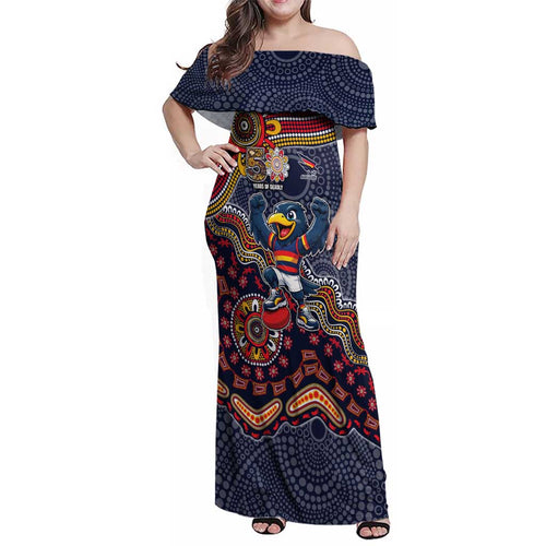 Personalized Adelaide Crows Mascot Family Matching Off Shoulder Maxi Dress and Hawaiian Shirt Aboriginal Dot Art Style Vibrant Indigenous Pattern Design