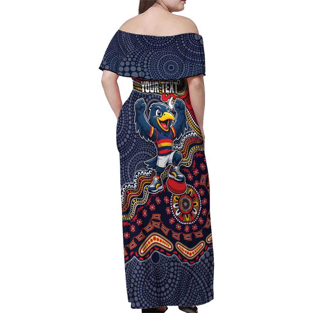 Personalized Adelaide Crows Mascot Family Matching Off Shoulder Maxi Dress and Hawaiian Shirt Aboriginal Dot Art Style Vibrant Indigenous Pattern Design