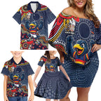 Personalized Adelaide Crows Mascot Family Matching Off Shoulder Short Dress and Hawaiian Shirt Aboriginal Dot Art Style Vibrant Indigenous Pattern Design