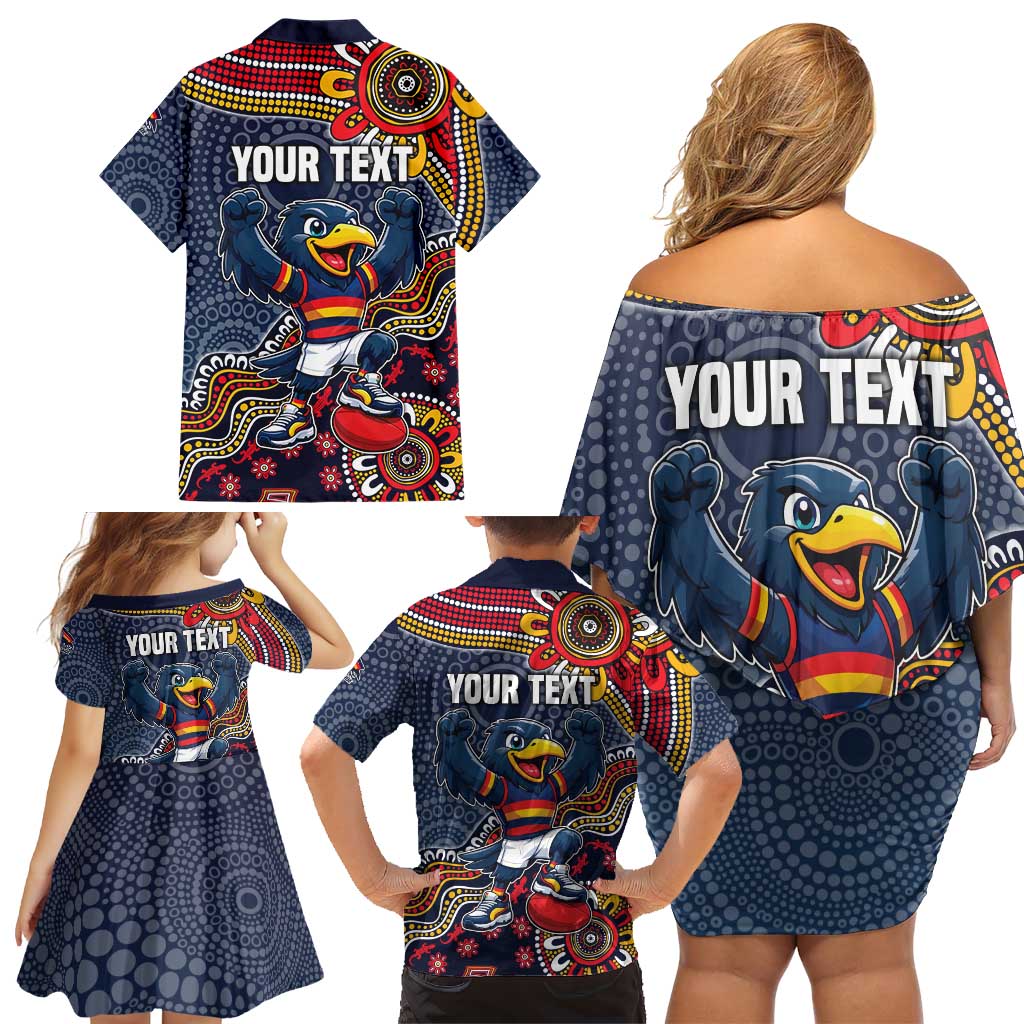 Personalized Adelaide Crows Mascot Family Matching Off Shoulder Short Dress and Hawaiian Shirt Aboriginal Dot Art Style Vibrant Indigenous Pattern Design