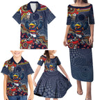 Personalized Adelaide Crows Mascot Family Matching Puletasi and Hawaiian Shirt Aboriginal Dot Art Style Vibrant Indigenous Pattern Design