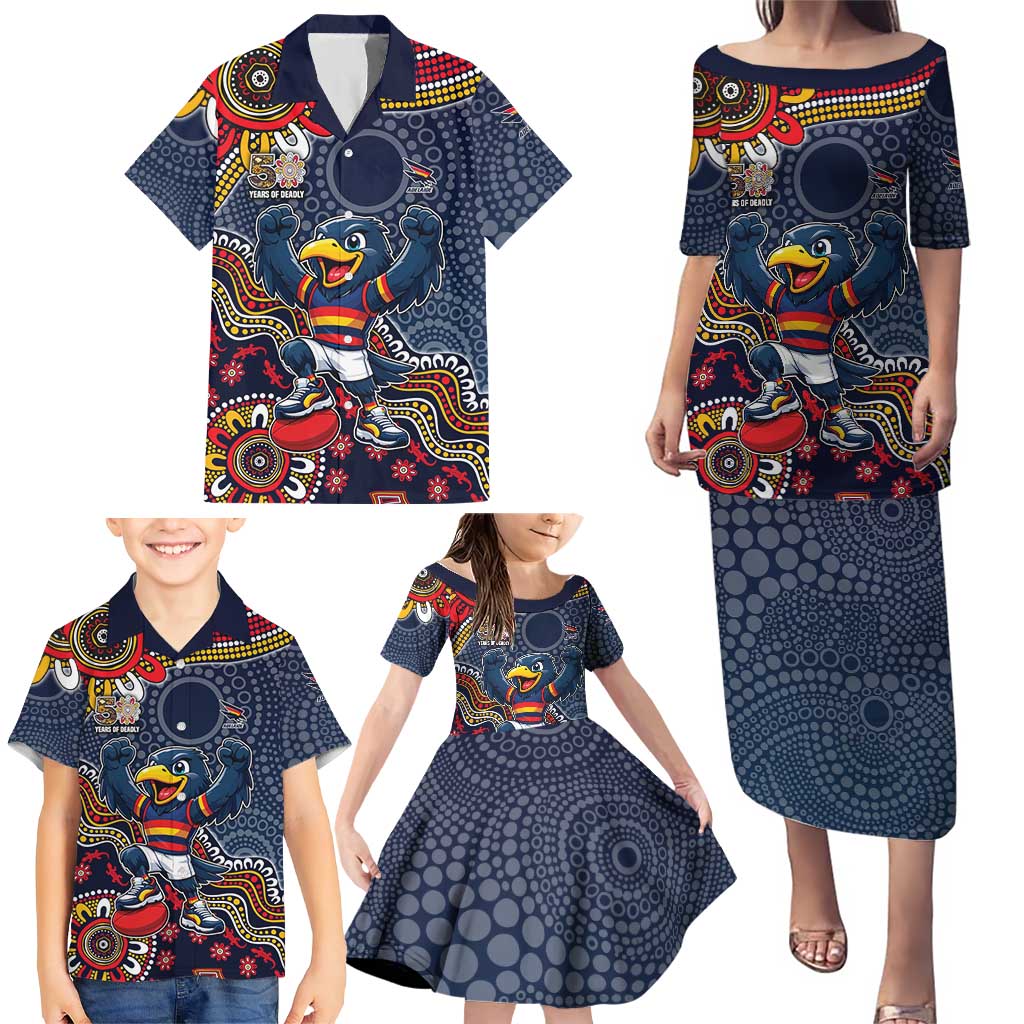 Personalized Adelaide Crows Mascot Family Matching Puletasi and Hawaiian Shirt Aboriginal Dot Art Style Vibrant Indigenous Pattern Design