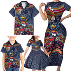 Personalized Adelaide Crows Mascot Family Matching Short Sleeve Bodycon Dress and Hawaiian Shirt Aboriginal Dot Art Style Vibrant Indigenous Pattern Design