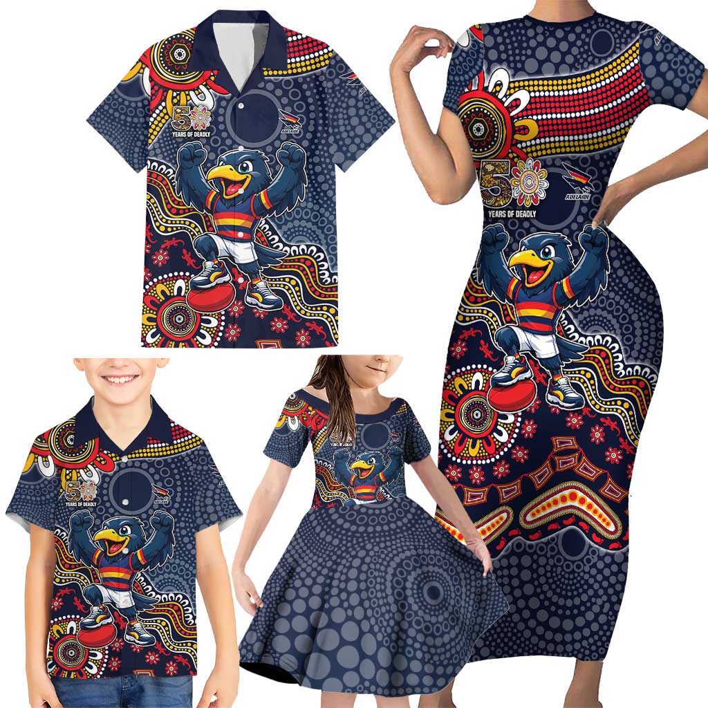 Personalized Adelaide Crows Mascot Family Matching Short Sleeve Bodycon Dress and Hawaiian Shirt Aboriginal Dot Art Style Vibrant Indigenous Pattern Design
