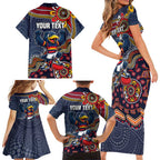 Personalized Adelaide Crows Mascot Family Matching Short Sleeve Bodycon Dress and Hawaiian Shirt Aboriginal Dot Art Style Vibrant Indigenous Pattern Design