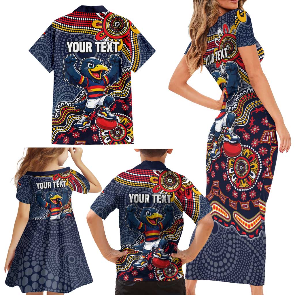 Personalized Adelaide Crows Mascot Family Matching Short Sleeve Bodycon Dress and Hawaiian Shirt Aboriginal Dot Art Style Vibrant Indigenous Pattern Design