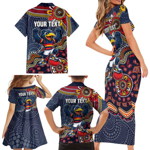 Personalized Adelaide Crows Mascot Family Matching Short Sleeve Bodycon Dress and Hawaiian Shirt Aboriginal Dot Art Style Vibrant Indigenous Pattern Design
