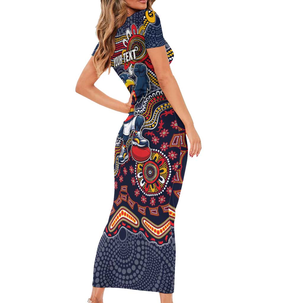 Personalized Adelaide Crows Mascot Family Matching Short Sleeve Bodycon Dress and Hawaiian Shirt Aboriginal Dot Art Style Vibrant Indigenous Pattern Design