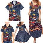 Personalized Adelaide Crows Mascot Family Matching Summer Maxi Dress and Hawaiian Shirt Aboriginal Dot Art Style Vibrant Indigenous Pattern Design