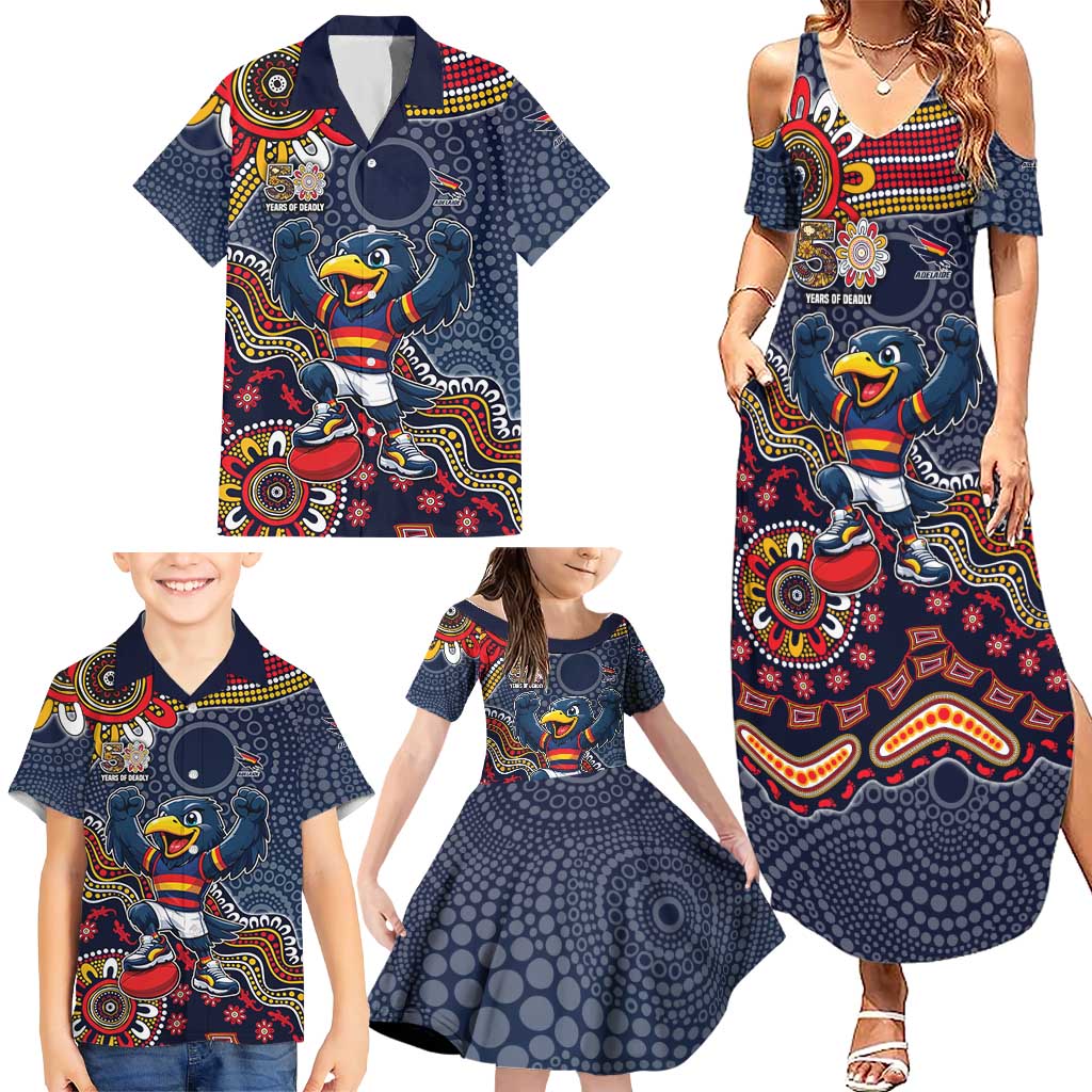Personalized Adelaide Crows Mascot Family Matching Summer Maxi Dress and Hawaiian Shirt Aboriginal Dot Art Style Vibrant Indigenous Pattern Design