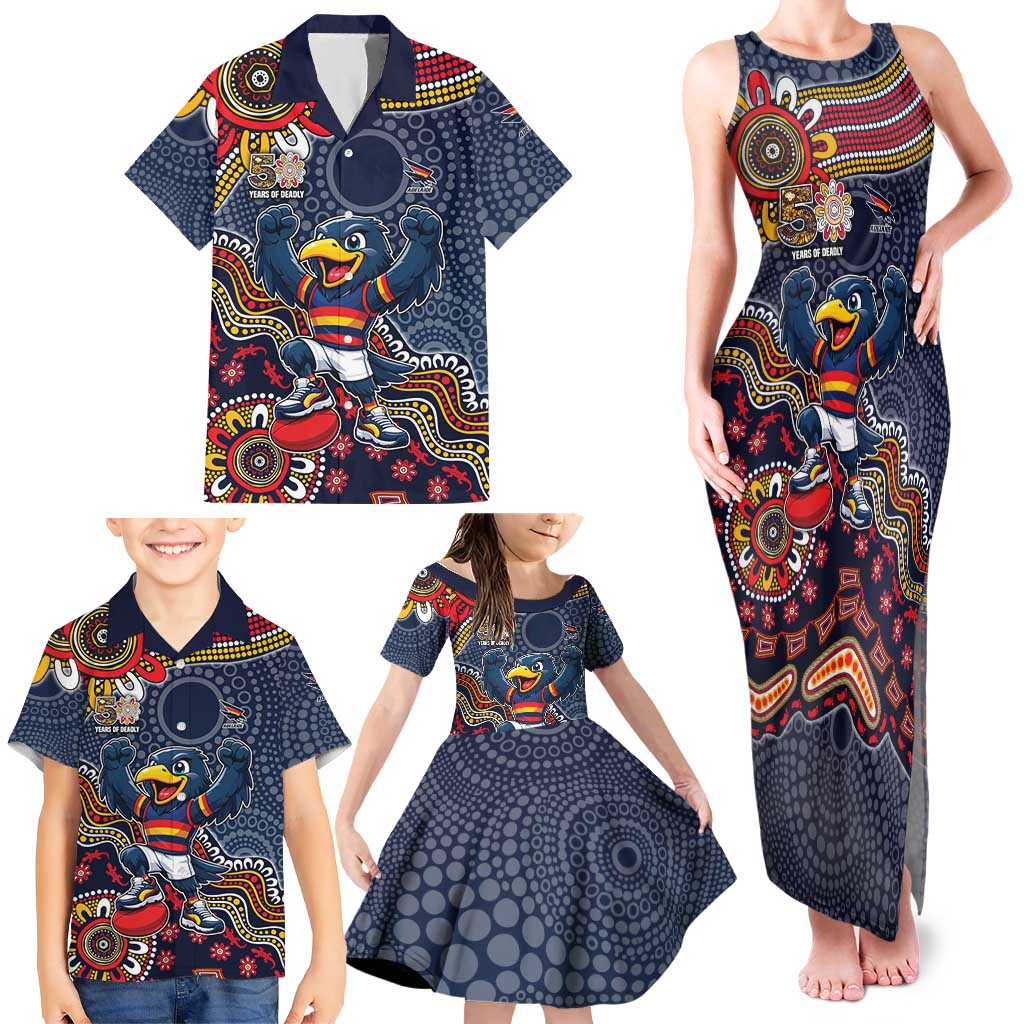 Personalized Adelaide Crows Mascot Family Matching Tank Maxi Dress and Hawaiian Shirt Aboriginal Dot Art Style Vibrant Indigenous Pattern Design
