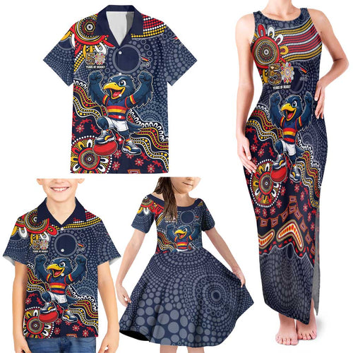 Personalized Adelaide Crows Mascot Family Matching Tank Maxi Dress and Hawaiian Shirt Aboriginal Dot Art Style Vibrant Indigenous Pattern Design