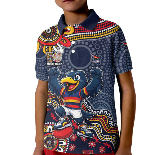 Personalized Adelaide Crows Mascot Kid Polo Shirt Aboriginal Dot Art Style Vibrant Indigenous Pattern Design