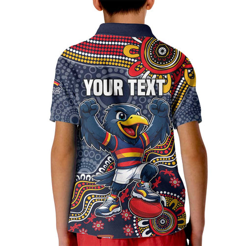 Personalized Adelaide Crows Mascot Kid Polo Shirt Aboriginal Dot Art Style Vibrant Indigenous Pattern Design