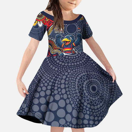 Personalized Adelaide Crows Mascot Kid Short Sleeve Dress Aboriginal Dot Art Style Vibrant Indigenous Pattern Design