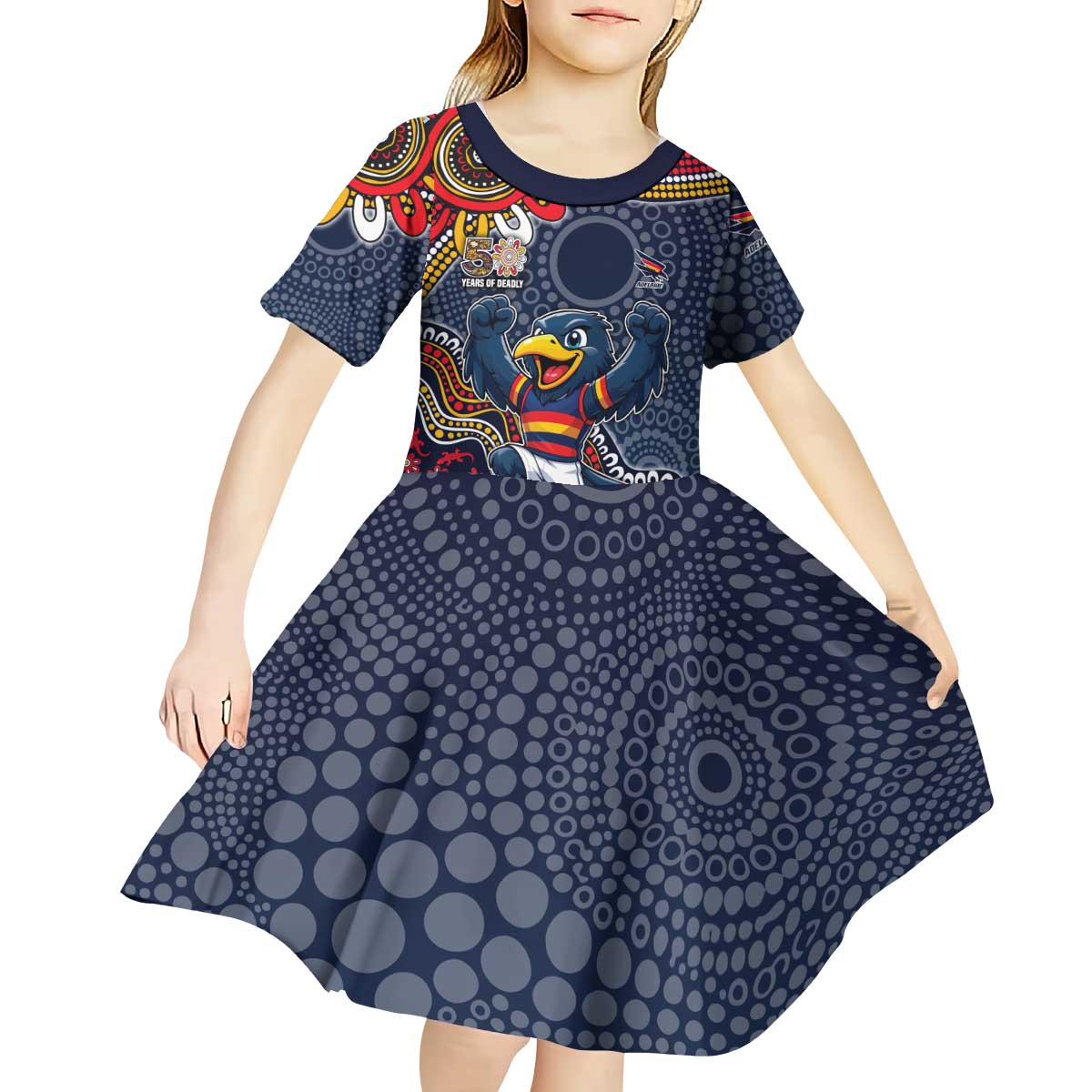 Personalized Adelaide Crows Mascot Kid Short Sleeve Dress Aboriginal Dot Art Style Vibrant Indigenous Pattern Design