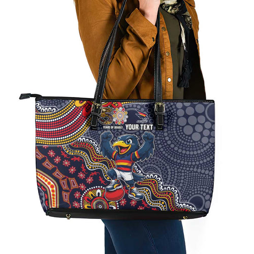 Personalized Adelaide Crows Mascot Leather Tote Bag Aboriginal Dot Art Style Vibrant Indigenous Pattern Design