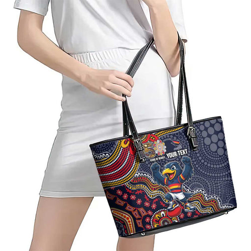 Personalized Adelaide Crows Mascot Leather Tote Bag Aboriginal Dot Art Style Vibrant Indigenous Pattern Design