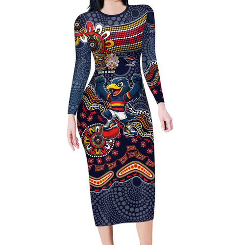 Personalized Adelaide Crows Mascot Long Sleeve Bodycon Dress Aboriginal Dot Art Style Vibrant Indigenous Pattern Design