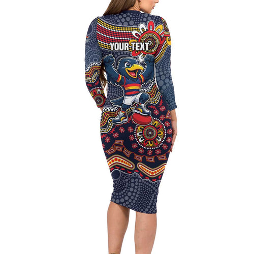 Personalized Adelaide Crows Mascot Long Sleeve Bodycon Dress Aboriginal Dot Art Style Vibrant Indigenous Pattern Design