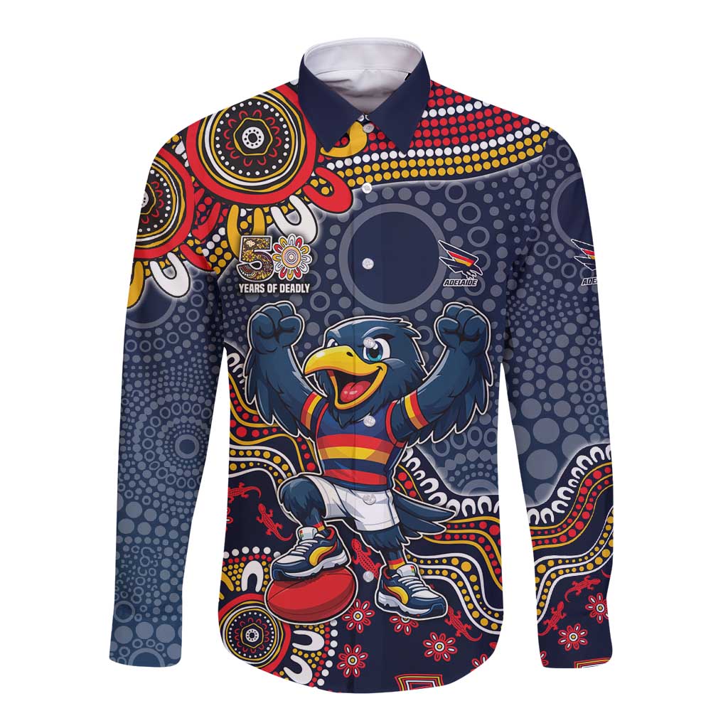 Personalized Adelaide Crows Mascot Long Sleeve Button Shirt Aboriginal Dot Art Style Vibrant Indigenous Pattern Design