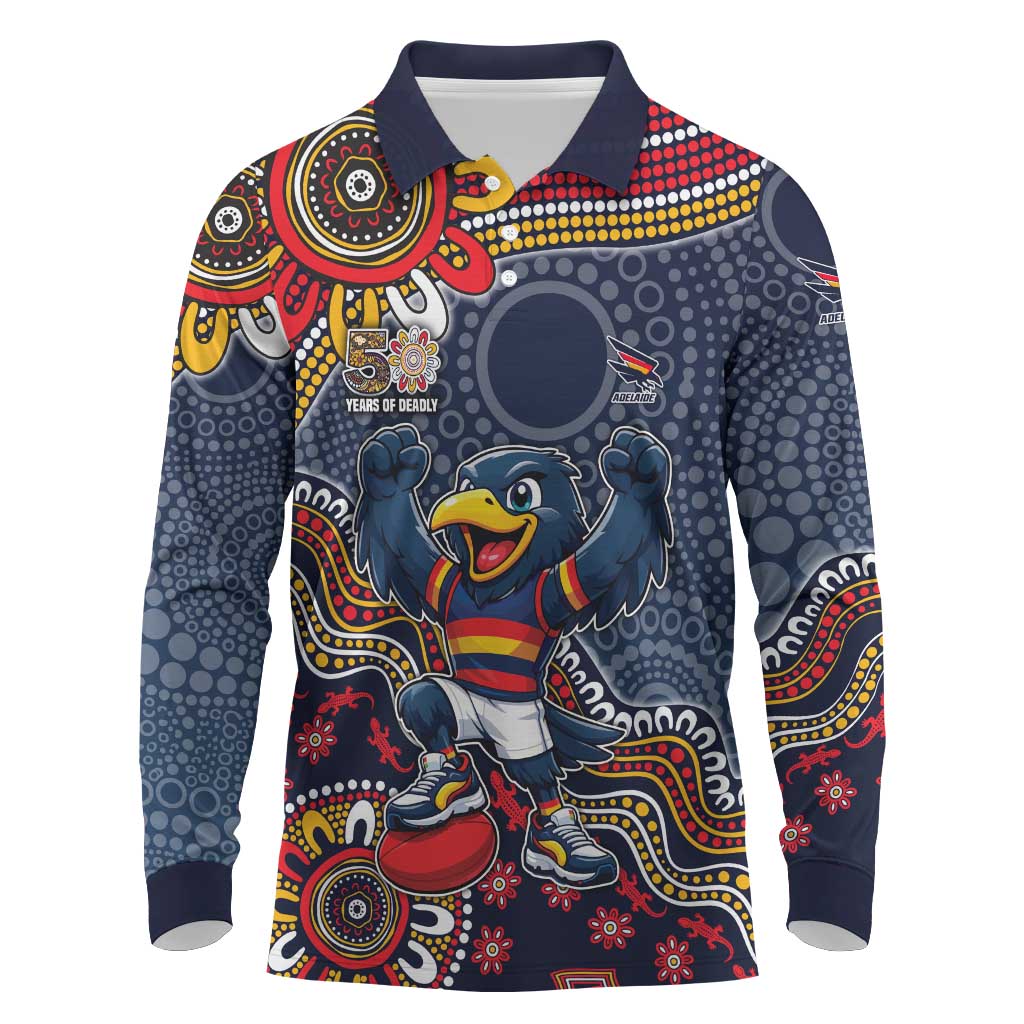 Personalized Adelaide Crows Mascot Long Sleeve Polo Shirt Aboriginal Dot Art Style Vibrant Indigenous Pattern Design