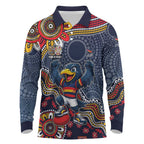 Personalized Adelaide Crows Mascot Long Sleeve Polo Shirt Aboriginal Dot Art Style Vibrant Indigenous Pattern Design