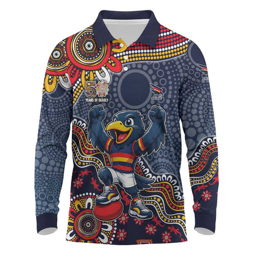Personalized Adelaide Crows Mascot Long Sleeve Polo Shirt Aboriginal Dot Art Style Vibrant Indigenous Pattern Design