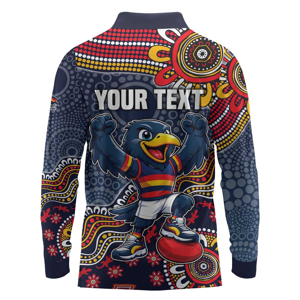 Personalized Adelaide Crows Mascot Long Sleeve Polo Shirt Aboriginal Dot Art Style Vibrant Indigenous Pattern Design
