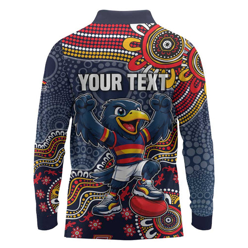 Personalized Adelaide Crows Mascot Long Sleeve Polo Shirt Aboriginal Dot Art Style Vibrant Indigenous Pattern Design