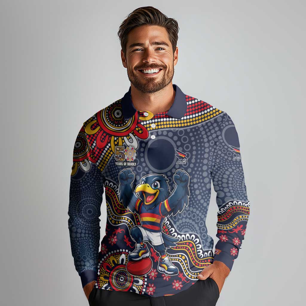 Personalized Adelaide Crows Mascot Long Sleeve Polo Shirt Aboriginal Dot Art Style Vibrant Indigenous Pattern Design