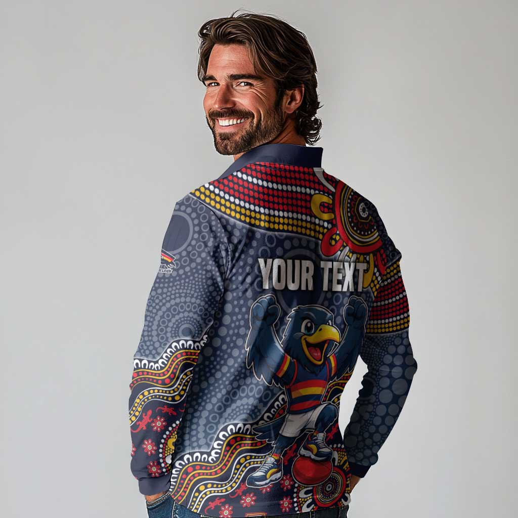 Personalized Adelaide Crows Mascot Long Sleeve Polo Shirt Aboriginal Dot Art Style Vibrant Indigenous Pattern Design