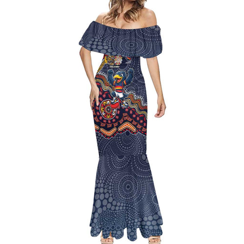 Personalized Adelaide Crows Mascot Mermaid Dress Aboriginal Dot Art Style Vibrant Indigenous Pattern Design