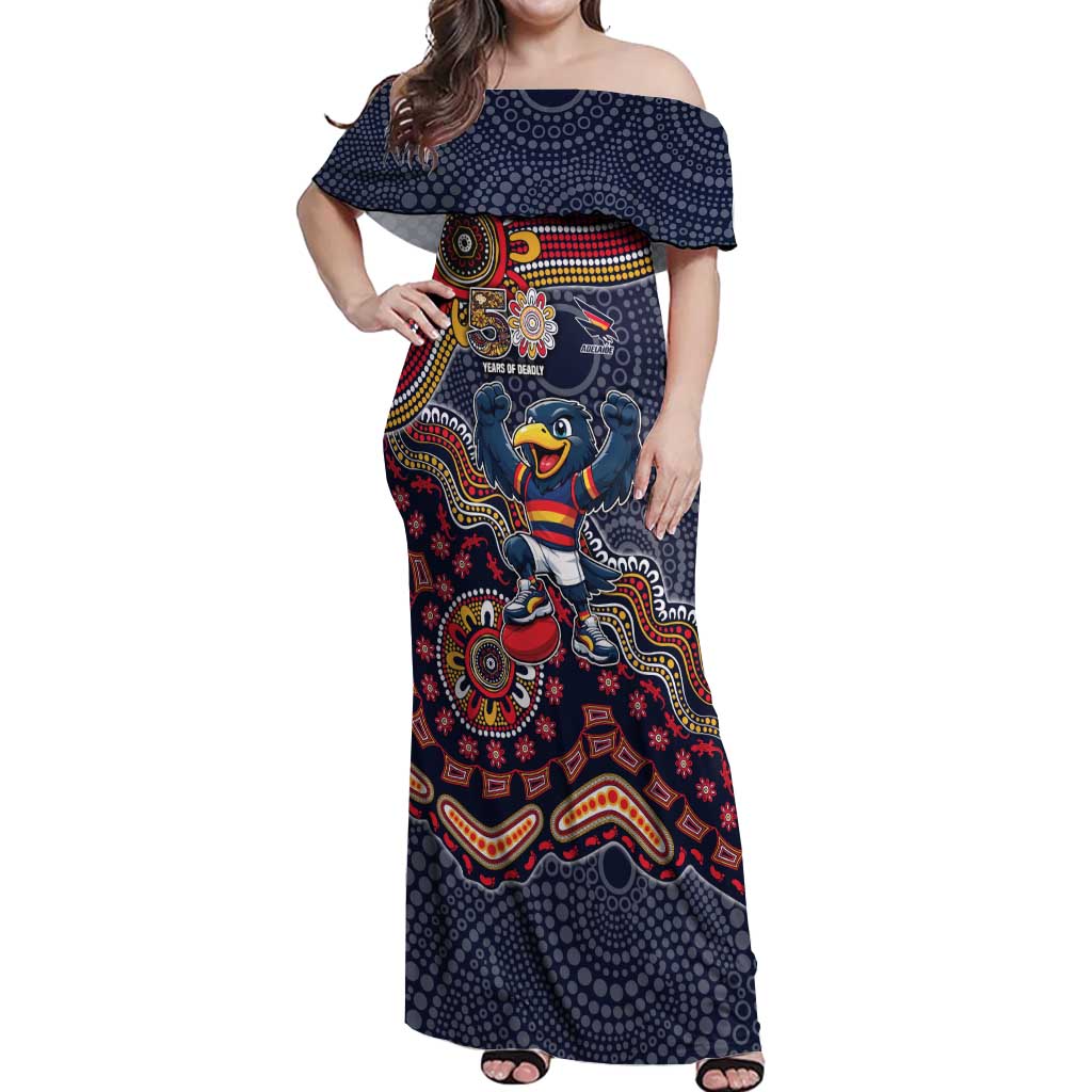 Personalized Adelaide Crows Mascot Off Shoulder Maxi Dress Aboriginal Dot Art Style Vibrant Indigenous Pattern Design