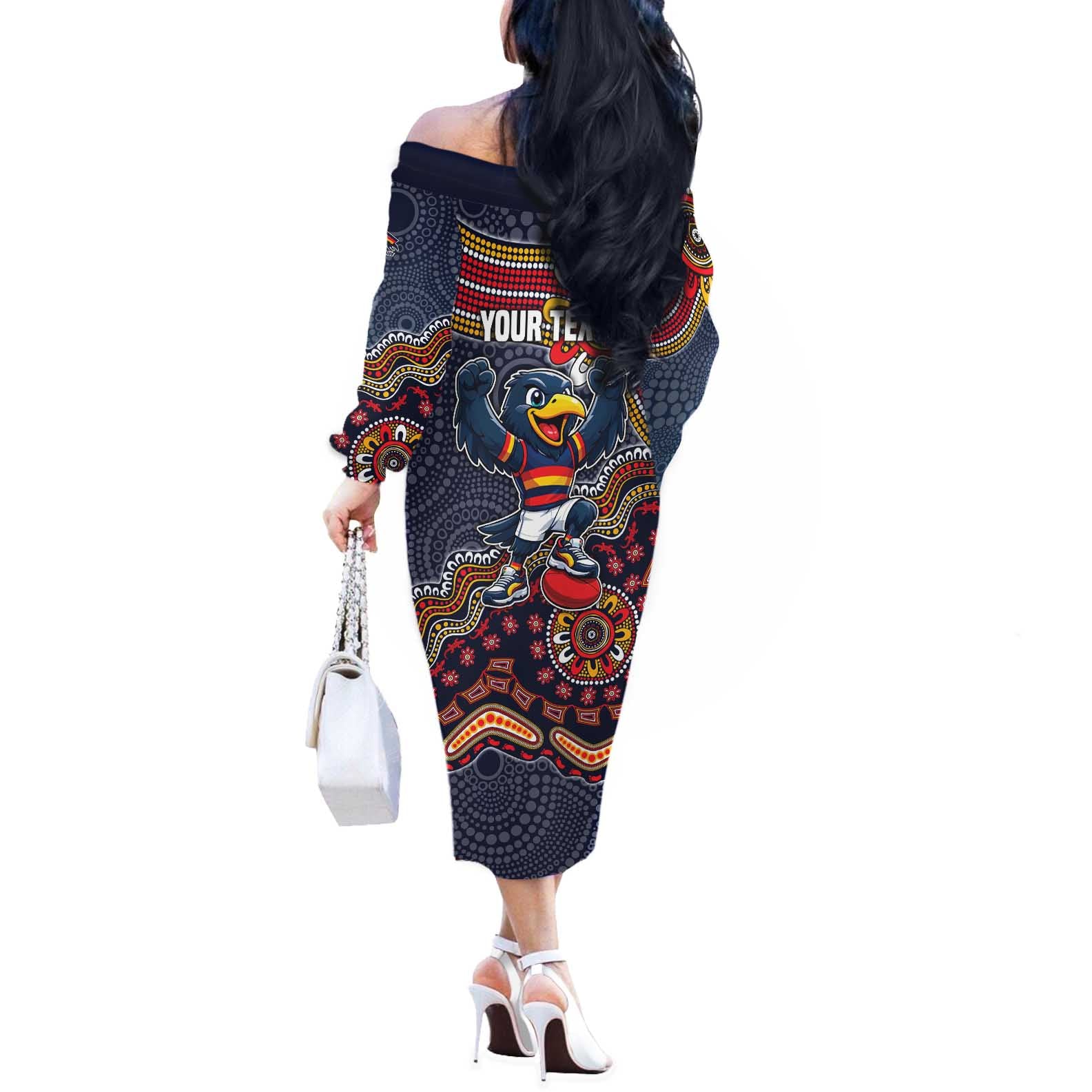 Personalized Adelaide Crows Mascot Off The Shoulder Long Sleeve Dress Aboriginal Dot Art Style Vibrant Indigenous Pattern Design