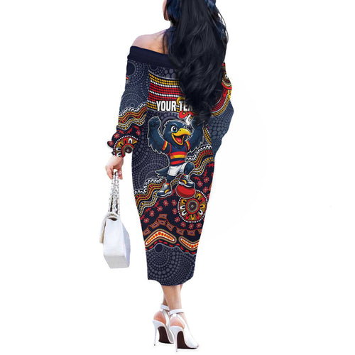 Personalized Adelaide Crows Mascot Off The Shoulder Long Sleeve Dress Aboriginal Dot Art Style Vibrant Indigenous Pattern Design