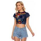 Personalized Adelaide Crows Mascot Raglan Cropped T Shirt Aboriginal Dot Art Style Vibrant Indigenous Pattern Design