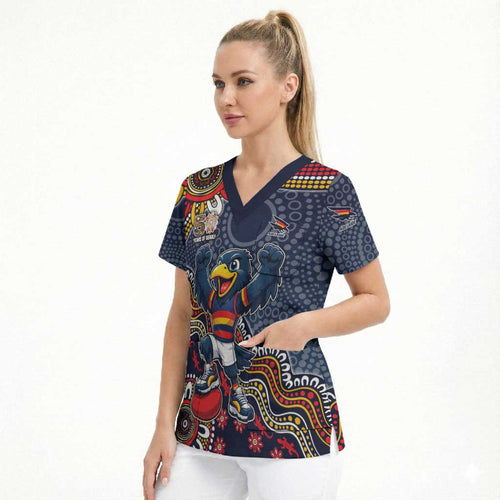 Personalized Adelaide Crows Mascot Scrub Top Aboriginal Dot Art Style Vibrant Indigenous Pattern Design