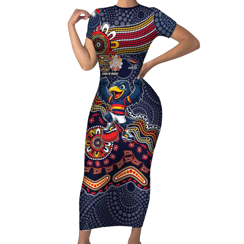 Personalized Adelaide Crows Mascot Short Sleeve Bodycon Dress Aboriginal Dot Art Style Vibrant Indigenous Pattern Design
